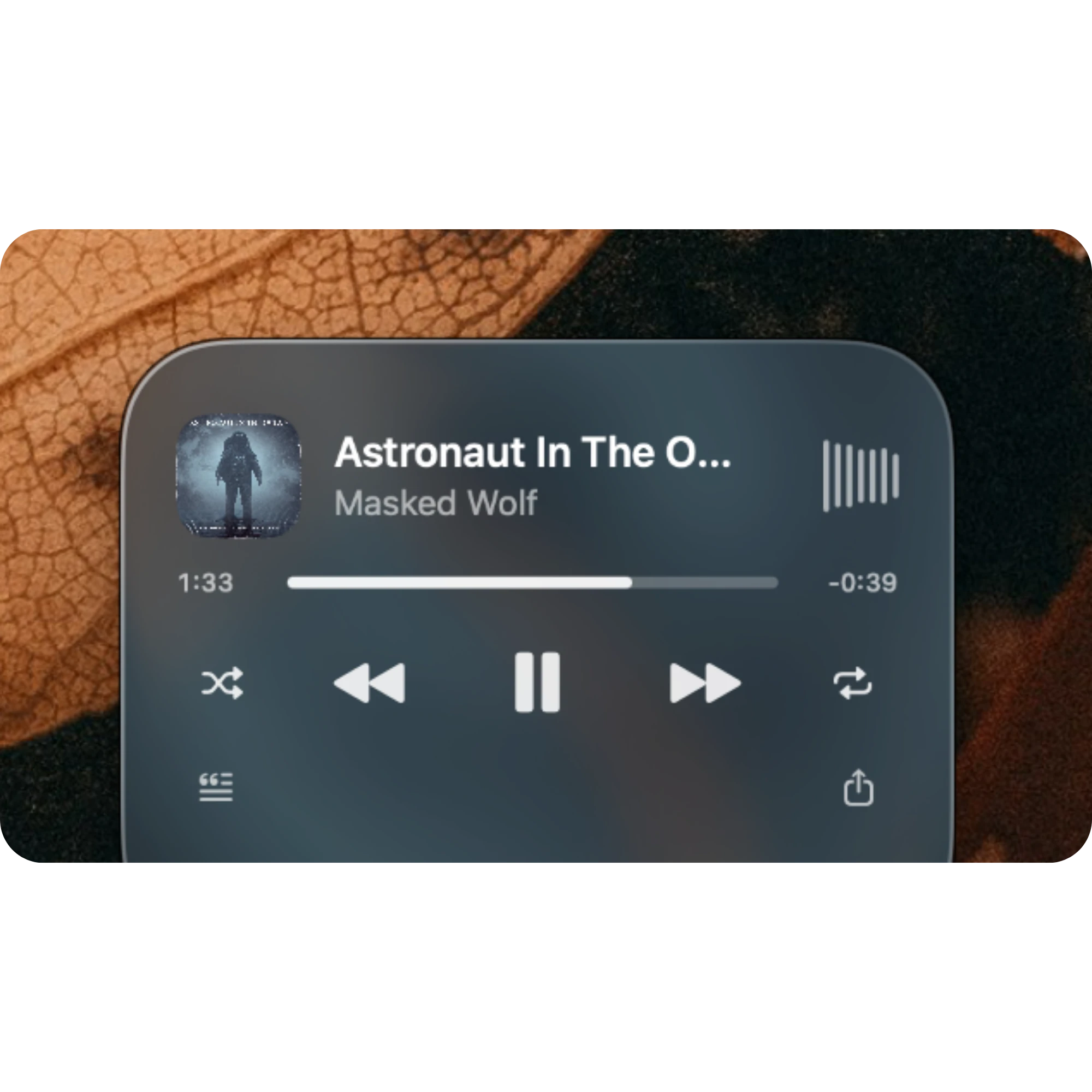 The opened player, docked to the bottom of the screen: cover, song, artist, a progress bar, and shuffle, previous, pause, next and repeat buttons