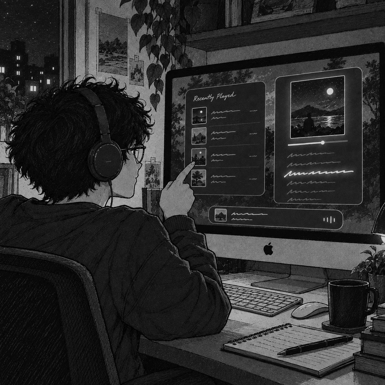 Illustration: someone pointing at glowing desktop widgets on their iMac